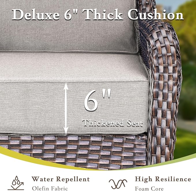 Luxury High Back Outdoor Furniture with 6-inch Extra Thick Cushions, Patio Furniture Set with Swivel Chairs, 7 PCS Wicker Conversation Set for Yard, Deck, Poolside, Brown/Beige