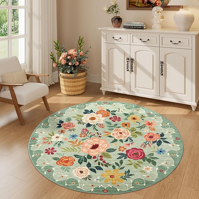 DUKINO Floral Round Rug, 4ft Washable Round Area Rug, Non Slip Indoor Low Pile Circle Rug, Soft Small Boho Design Circle Rug for Bedroom, Entryway, Living Room, Dining Room, Green
