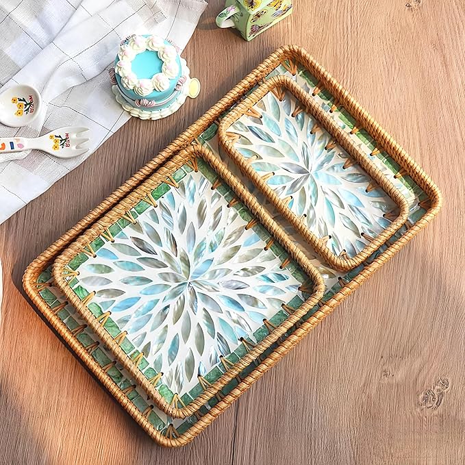 i-lan Set of 3 Rectangular Rattan and Mother of Pearl Serving Tray,Rectangule Natural Rattan Woven Trays,Natural Wicker Decorative Serving Baskets for Entryway Kitchen Bathroom Counter,Blue MOP Tray