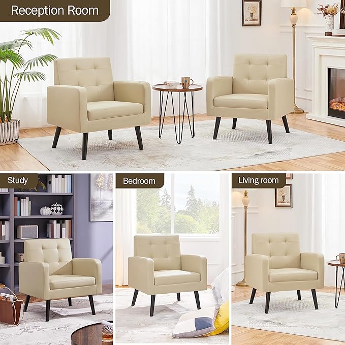 Yaheetech Mid-Century Accent Chairs, PU Leather Modern Upholstered Living Room Chair, Cozy Armchair Button Tufted Back and Wood Legs for Bedroom/Office/Cafe Beige 2PCS