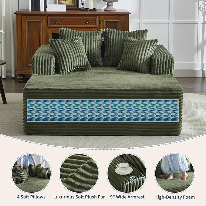 54.3"W Oversized Chaise Lounge Chair Indoor, Boneless Corduroy Sleeper Sofa Bed with 4 Pillows, Armrests, Comfy Fluffy Reading Couch, No Assembly Required Cloud Sofa for Living Room, Bedroom, Office