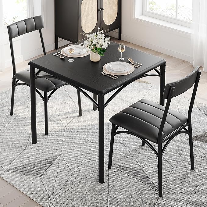 GAOMON Dining Table Set for 2, Kitchen Table with Upholstered Chairs for 2, Small Dining Room Table Set, Square Kitchen Table Set for Small Space, Apartment, Home, Studio, Rustic Black