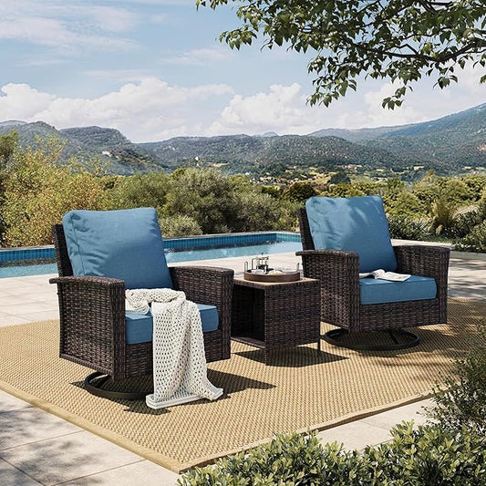 Oversized Patio Wicker Chairs, High Back Outdoor Swivel Chairs Set of 2 with Rattan Side Table, 5.5" Thick Cushions, 3-Piece Patio Furniture Sets for Deck Porch Pool, Brown/Blue