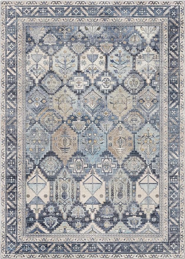 GENIMO 9x12 Area Rugs for Living Room, Machine Washable Non Slip Vintage Rugs, Low Pile Lightweight Chenille Print Rug for Bedroom, Dining Room, Home Office, Brown Blue