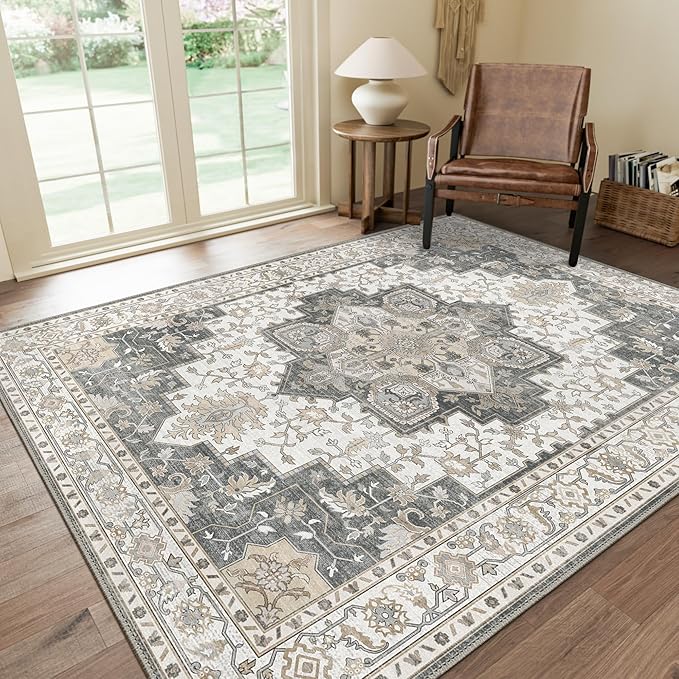 GENIMO 10x14 Area Rugs for Living Room, Machine Washable Non Slip Vintage Rugs, Low Pile Lightweight Chenille Print Rug for Bedroom, Dining Room, Home Office, Heathered Grey