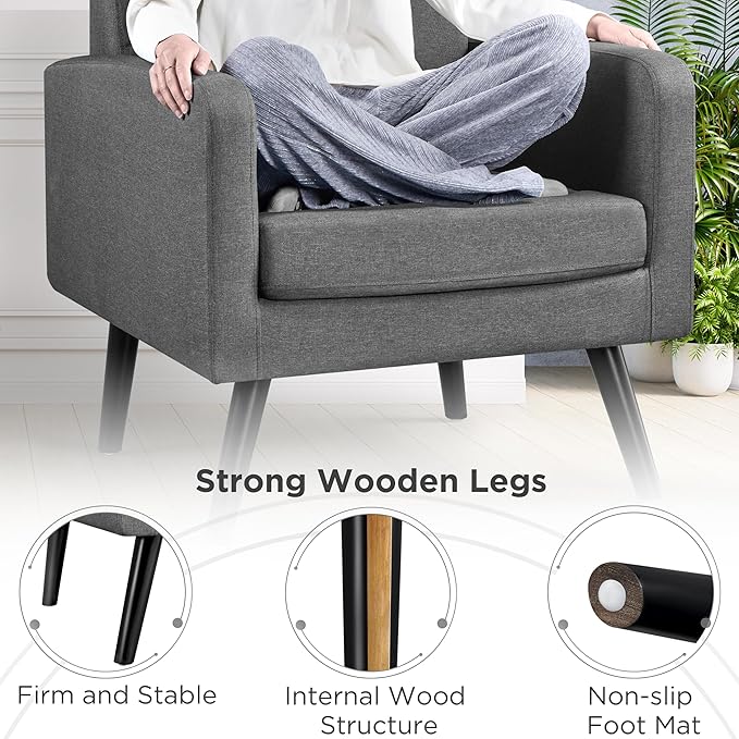 Yaheetech Mid-Century Accent Chairs, Modern Upholstered Living Room Chair, Cozy Armchair Button Tufted Back and Wood Legs for Bedroom/Office/Cafe, Set of 2, Gray