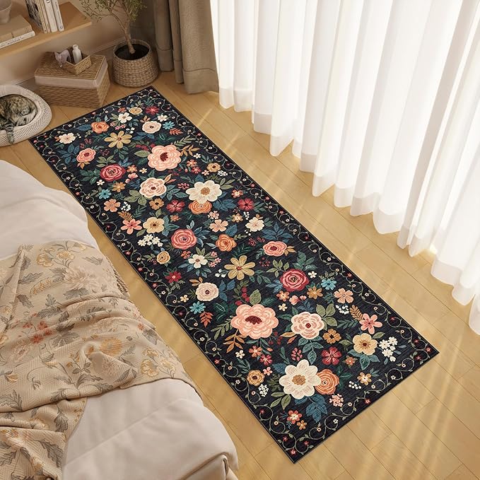 DUKINO 2x6 Runner Rug for Hallway, Washable Kitchen Runner Rug with Non Slip Backing, Low Pile Soft Boho Floral Runner for Kitchen, Hallway, Entryway, Laundry, Bedroom, Black