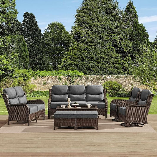 HILLGA Luxury High Back Patio Furniture Set with 6-Inch Thick Cushion, 7-Piece Outdoor Conversation Set with Sofa, Swivel Rocker Chairs & Ottomans, Ideal for Porch Pool Deck Yard (Dark Grey)
