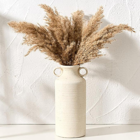 Ceramic Rustic Vase with 2 Round Handles, Antique Farmhouse Flower Vase, Vintage Terracotta Vases for Home Decor, Wedding, Living Room, Table, Shelf Decor - 10.2 Inch Tall, White