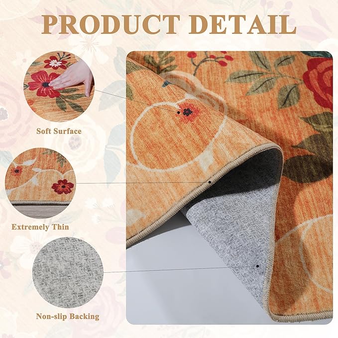 DUKINO 8x10 Area Rug, Floral Rugs for Living Room, Lightweight Non Slip Washable Rug, Indoor Low Pile & Non-Shedding Boho Design Rugs for Bedroom, Living Room, Dining Room, Orange