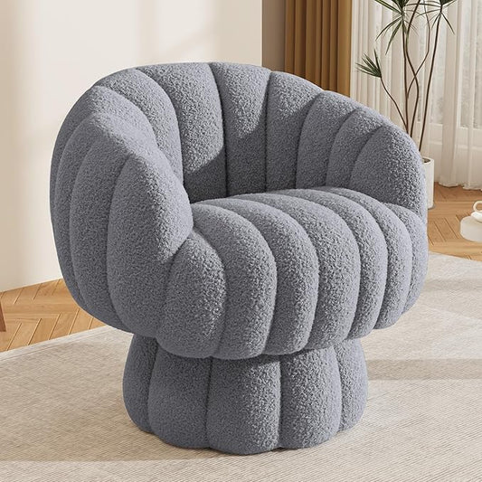 Mid Century Modern 360 Degree Barrel Swivel Accent Sofa Chair,Fluffy Sherpa Fabric Lounge Wide Upholstered Pumpkin Reading Chair, Round Cloud Armchair for Living Room,Bedroom,Vanity(Grey)