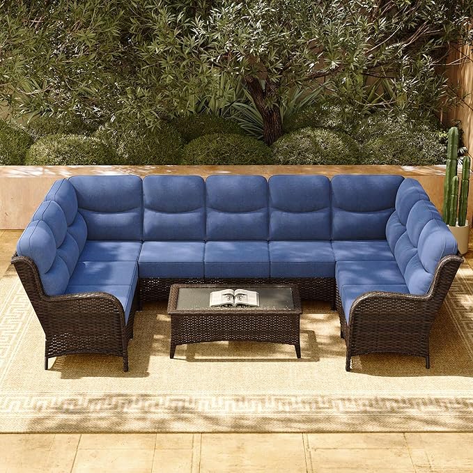 HILLGA Luxury Patio Furniture Set with 6-inch Thick Cushion, Outdoor Sectional Sofa and Coffee Table, 2PCS Wicker Conversation Set for Deck Yard and Poolside, Blue (V2)