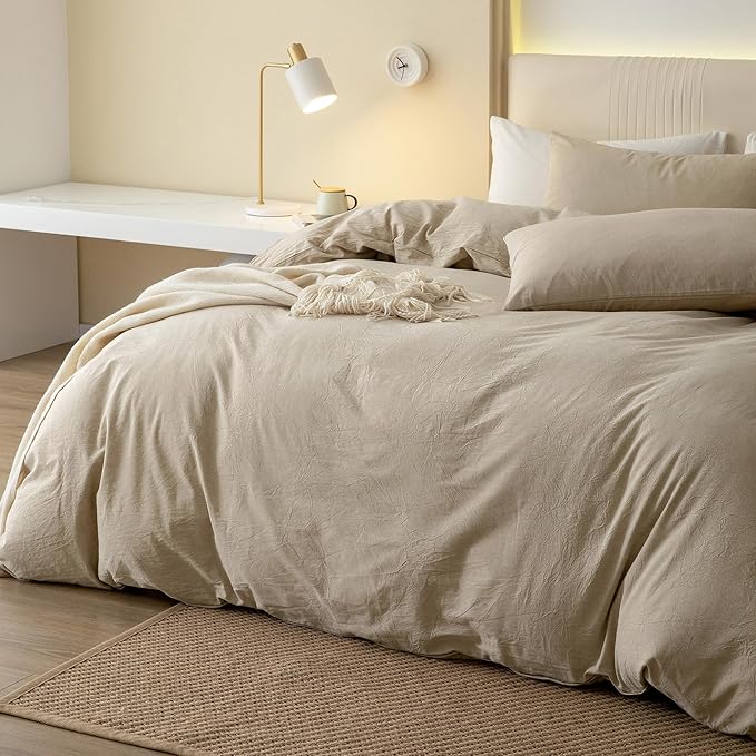 JIYUAN 100% Washed Cotton Duvet Cover Set 3 Pieces Cal King, 1 Duvet Cover 104x98 Inches(Comforter Not Included) and 2 Pillowcases,Linen Feel Bedding Set Comfy and Breathable, Heathered Tan