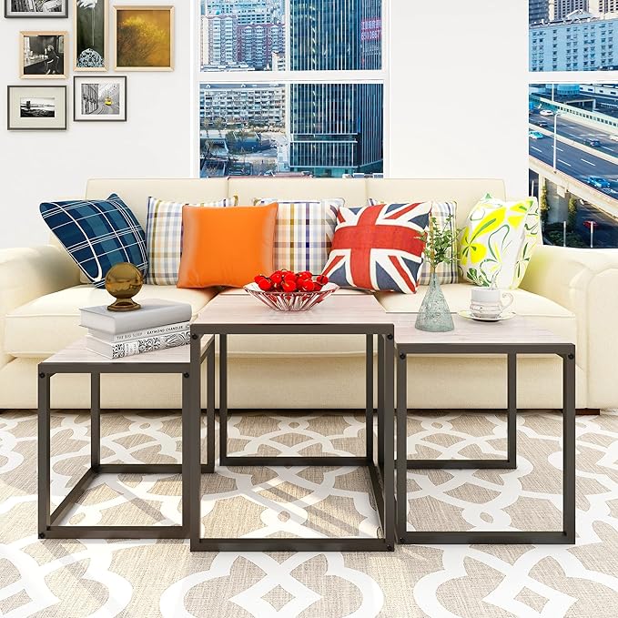 Nesting Table Set of 3 Side Tables, Modern Coffee Table Stacking End Table with Metal Frame，Oak