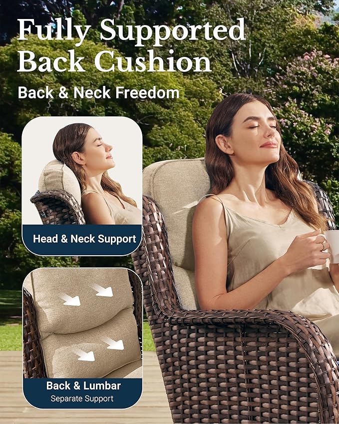 HILLGA Luxury High Back Patio Furniture Set with 6-Inch Thick Cushion, 5-Piece Outdoor Conversation Set with Sofa, Swivel Rocker Chairs & Ottomans, Ideal for Porch Pool Deck Yard (Beige)