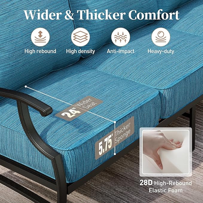 6 Piece Metal Outdoor Patio Furniture Set, Patio Conversation Set 3-seater Sofa, 2 Rocking Chair, 2 Ottomans with 5.75" Thick Cushion and Coffee Table, Black Backyard Furniture, Blue-2