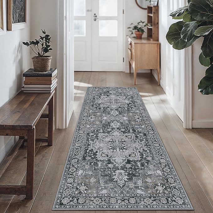 GENIMO 2x10 Runner Rugs for Hallway, Machine Washable Non Slip Vintage Rugs, Low Pile Lightweight Soft Print Rug for enrtyway, Corridor, Home Office, Kitchen,Dark Gray