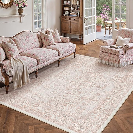 Pink Area Rug 5x8 Machine Washable Vintage Living Room Distressed Non Slip Carpet Traditional Indoor Bedroom Retro Floral Accent Throw Large Rug Office Kitchen Bathroom Dining Room