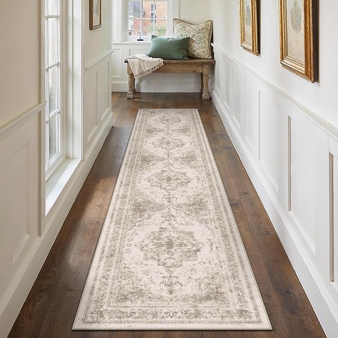 Runner Rug 3x7 Beige Hallway Washable Carpet Non Slip Vintage Medallion Carpet Low Pile Soft Distressed Retro Indoor Long Rug for Entryway Kitchen Bathroom Laundry Bedroom