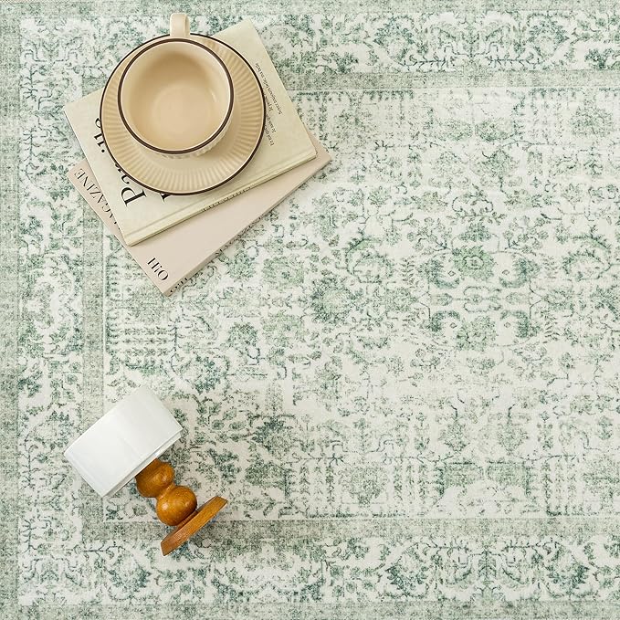 Sage Green Area Rug 3x4 Washable Office Entryway Carpet Vintage Distressed Non Slip Kitchen Indoor Entry Neutral Low Pile Retro Floral Farmhouse Throw Mat for Laundry Dining Room Bedroom