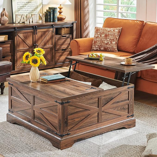 JXQTLINGMU Farmhouse Lift Top Coffee Table with Storage, 36" Wood Square Center Table with Large Hidden Compartment, Rustic Lift Tabletop Dining Table for Home Living Room, Brown
