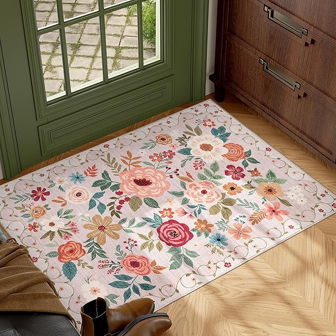 DUKINO 2x3 Rugs for Entryway, Floral Indoor Washable Door Mat, Non Slip Boho Small Rug for Kitchen, Soft Low Pile Front Door Throw Rug for Entrance, Bedroom, Kitchen, Laundry, Bathroom, Beige