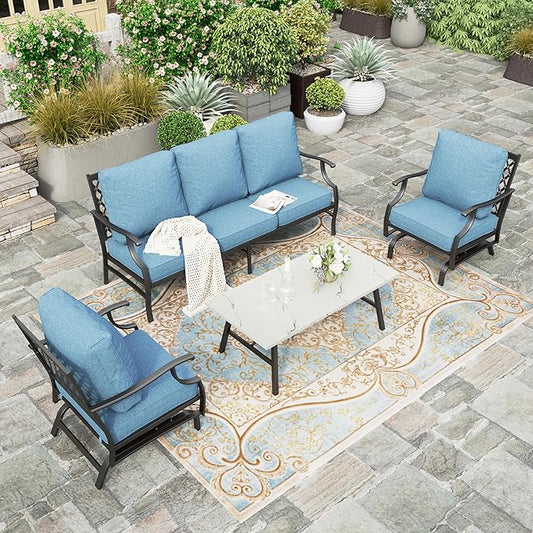 HERA'S HOUSE 4 Piece Patio Furniture Set, 2 x Rocking Metal Frame Cushioned Chair, 3-Seat Sofa with Marbling Coffee Table, Outdoor Conversation Set for Lawn Garden Backyard Poolside, Navy Blue