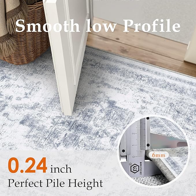 Area Rug 5x7 Washable Blue Rug Vintage Boho Medallion Large Distressed Retro Carpet for Living Room Non Slip Indoor Low Pile Small Soft Bedroom Dining Room Home Office