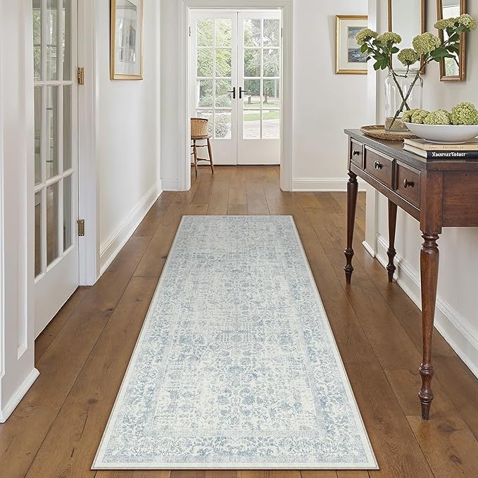 Blue Runner Rug 2x6 Hallway Machine Washable Kitchen Vintage Distressed Non Slip Long Carpet Indoor Retro Floral Bedroom Accent Throw Rug for Bathroom Office Laundry Dining Room