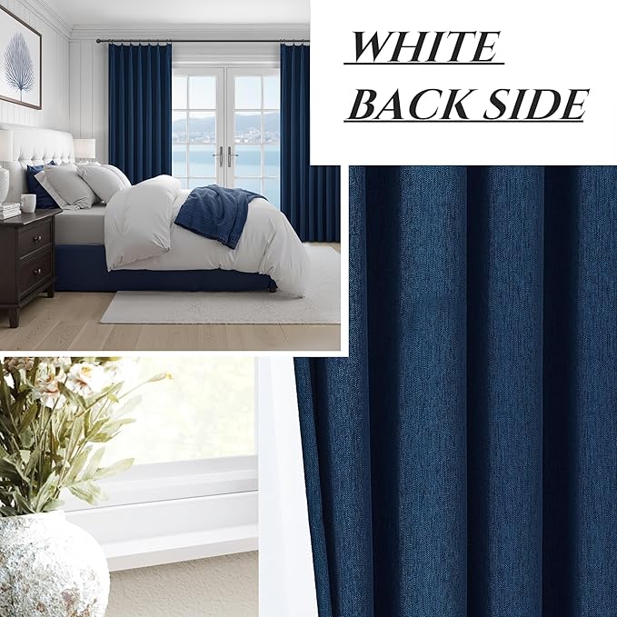 Navy Blue Blackout Curtains 108 Inch Length for Kids/Boys Rooms/Bedroom, Pinch Pleated Drapes with Hooks Viral Linen Thermal Coastal Curtain Dark Blue Window Burg (40" Wx108 Lx 2 Panels)
