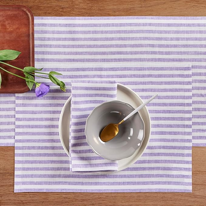 Solino Home Linen Cloth Placemats Set of 4 - Amalfi Stripe 100% Pure Linen Violet and White Farmhouse Placemats 14 x 19 Inch