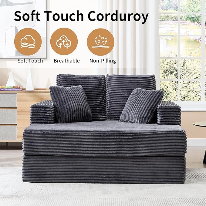 59" Chaise Lounge Chair Indoor - Oversized Comfy Corduroy Upholstered Sleeper Sofa with 4 Pillows & Armrests, Deep Seat Reading Chair Couch for Living Room, No Assembly Required - Dark Gray