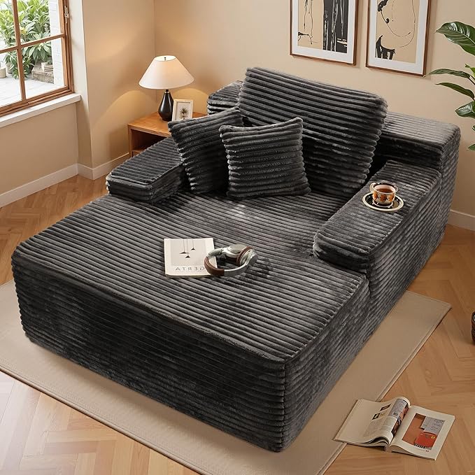Chaise Lounge Chair Indoor, Oversized Sleeping Couch 67" L * 48.5" W Assembly Free Modern Minimalist Sofa, Extra Deep Large Single Seat Sofa for Living Room (Grey Plush Fabric)