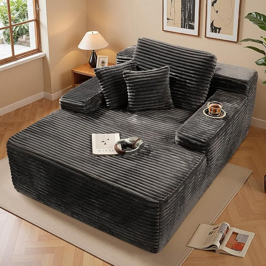 Chaise Lounge Chair Indoor, Oversized Sleeping Couch 67" L * 48.5" W Assembly Free Modern Minimalist Sofa, Extra Deep Large Single Seat Sofa for Living Room (Grey Plush Fabric)