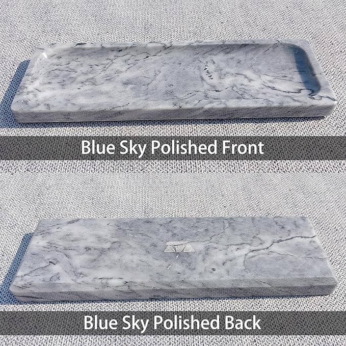 Polished Natural Marble Decorative Tray: 10.6" x 3.5" Rectangular Organizer for Bathroom Kitchen Dresser Desktop Jewelry Vanity Storage, Blue Sky