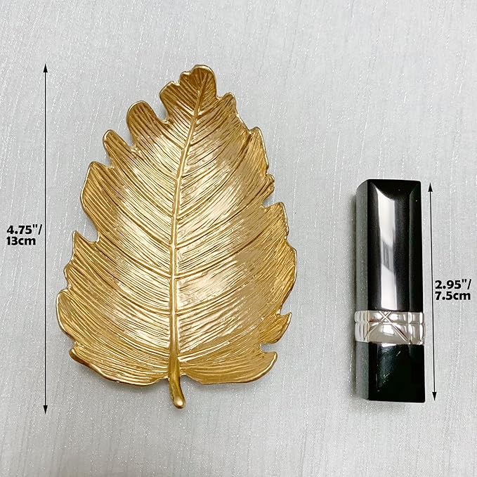 Metal Jewelry Dish, Small Leaf Shaped Ring Holder Jewelry Organizer, Trinket Dish Vanity Tray for Dresser Christmas Birthday Wedding Gifts Elm Leaves-Gold