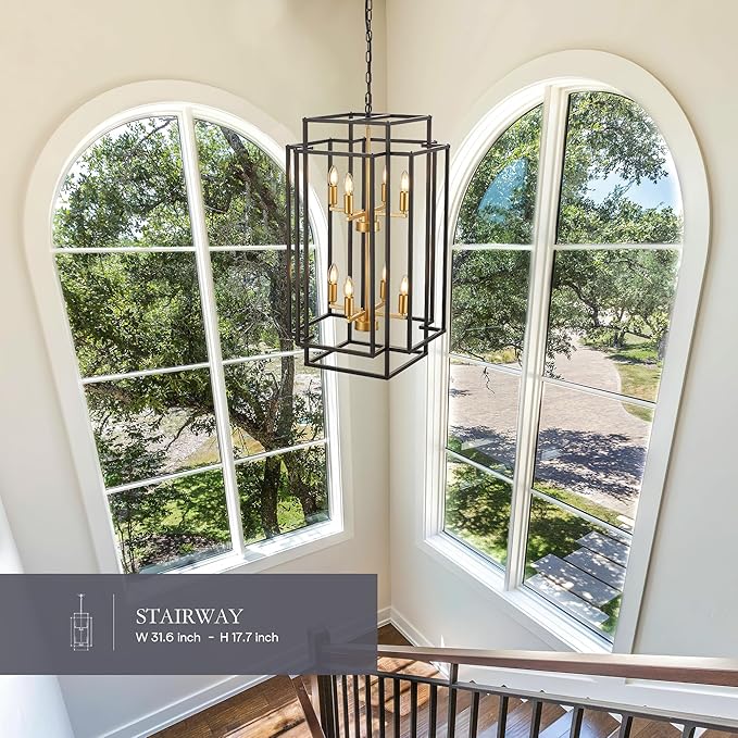 8-Light Lantern Tiered Pendant Light Fixtures, Black Metal Farmhouse Chandelier Hall Foyer Hanging Chandelier for Kitchen Island Dining Room Living Room Foyer Entryway, Black+Gold