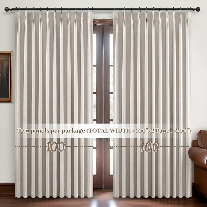 100 Inch Length Extra Wide Pinch Pleated Blackout Curtains 84 Inch Long for Living Room,Farmhouse Natural Linen Thick Burlap Heavy Duty Insulated Sliding Door Large Window Drapes(100"W x 84"Lx2Panels)