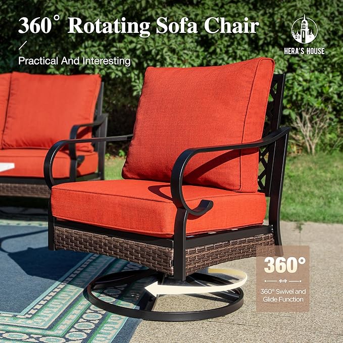 HERA'S HOUSE 4 Piece Patio Furniture Set with 56" Fire Pit Table, 2 x Swivel Cushioned Chair, 1 x 3-Seat Sofa, 5-Seats Outdoor Conversation Set for Lawn Garden Deck, Red