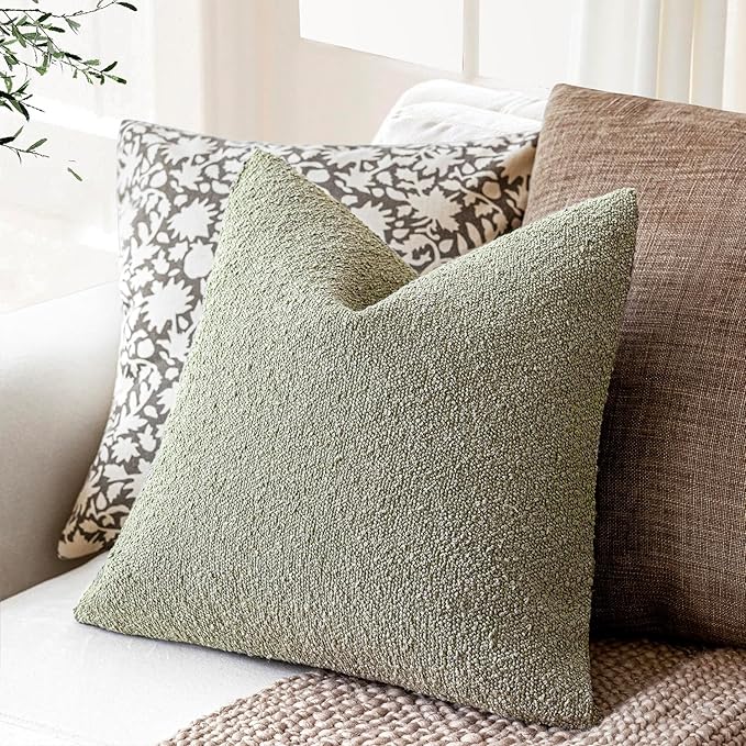 Foindtower Set of 2, Decorative Textured Boucle Throw Pillow Covers Accent Solid Pillow Cases Neutral Soft Couch Cushion Case for Chair Sofa Bedroom Living Room Home Decor 24x24Inch Dirty Sage Green