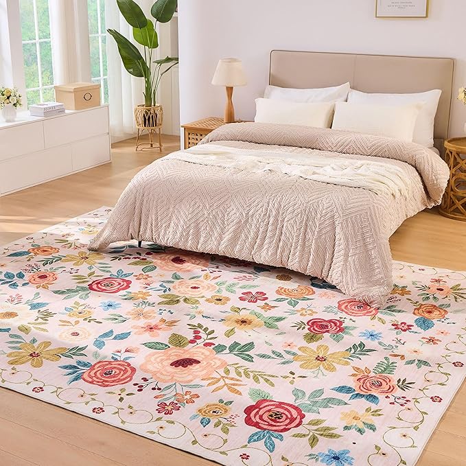 DUKINO 8x10 Area Rug, Floral Rugs for Living Room, Lightweight Non Slip Washable Rug, Indoor Low Pile & Non-Shedding Boho Design Rugs for Bedroom, Living Room, Dining Room, Beige