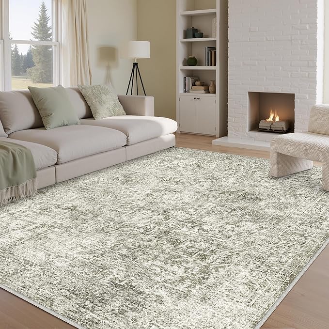 8x10 Area Rug Washable Vintage Neutral Living Room Carpet Large Indoor Non Slip Taupe Bedroom Distressed Low Pile Retro Accent Throw Rug for Dining Room