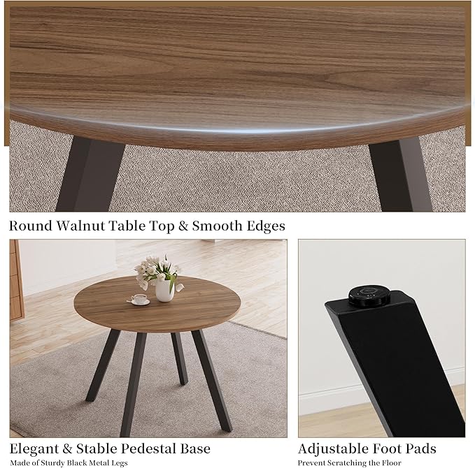 34.6'' Round Dining Table and Chairs for 4 Space Saving for Apartment Kitchen Dining Room (Walnut Table+4 U-Shaped Brown Chairs)