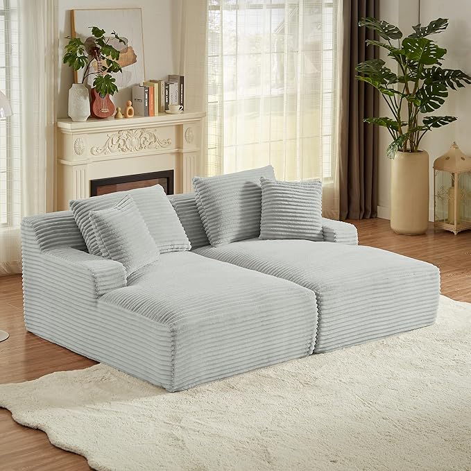 Oversized Double Chaise Lounge, Corduroy Boneless Couch, Modern Oversized Chaise Lounge, Upholstered Sleeper Sectional Sofa Daybed with Throw Pillows and Armrest for Living Room, Light Grey