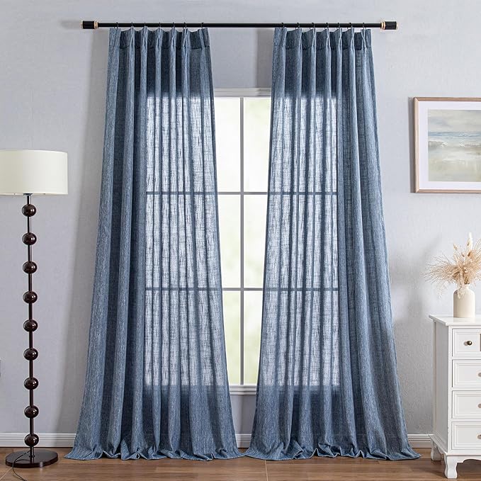MYSKY HOME Blue Sliding Door Curtains 108 Inches Long, Semi Sheer Soft Cotton Window Draperies Set for Living Room Pinch Pleated Drapes Country Curtains Back Tab, 40 x 108 Inch, Dusty Blue, Set of 2