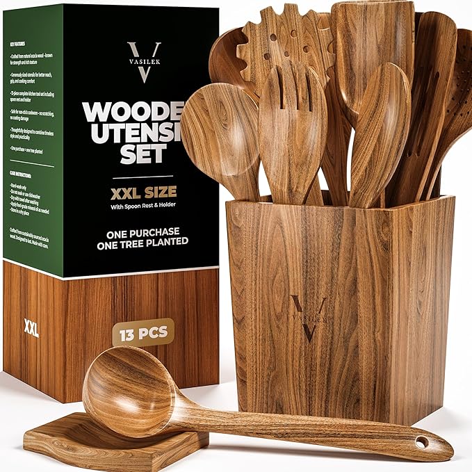 XXL Wooden Utensil Set – 13 Piece Acacia Wood Cooking Tools with Square Holder for Nonstick Cookware with Holder & Spoon Rest – Wooden Spoons for Cooking, Spatula, Spurtle