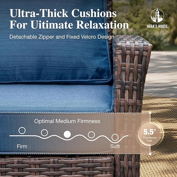 HERA'S HOUSE High Back Patio Furniture Set with Swivel Chairs, All Weather Outdoor Wicker Sofa Set, 6 Pieces Patio Conversation Sets with 5.5" Comfy Cushions for Lawn Deck Backyard, Navy Blue