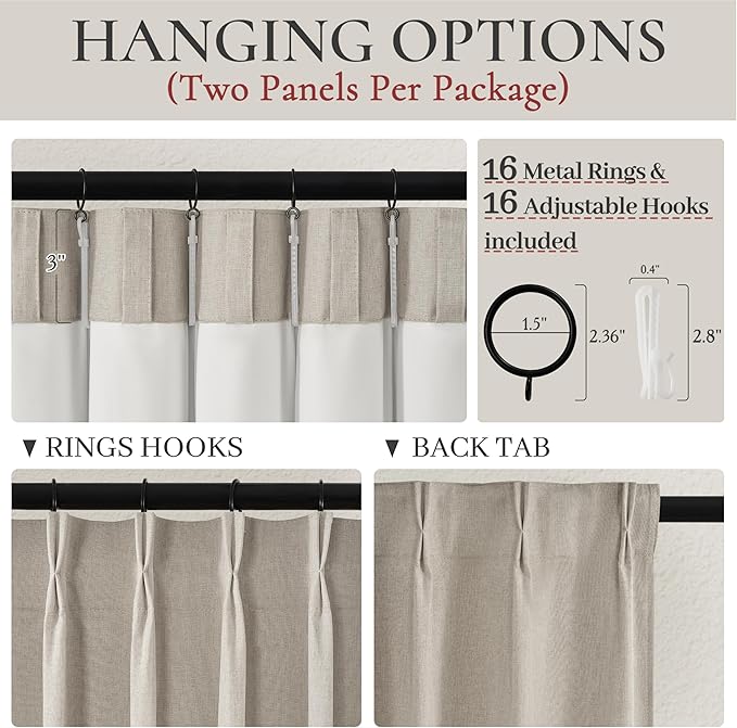 Grey Flax Linen 92 Inch Length Pinch Pleated Viral Thick Curtains Blackout & Drapes 2 Panels Set for Living Room, Windows Bug with Memory Trained Beige Back Tab for Traverse Rods (40"Wx92"Lx2)