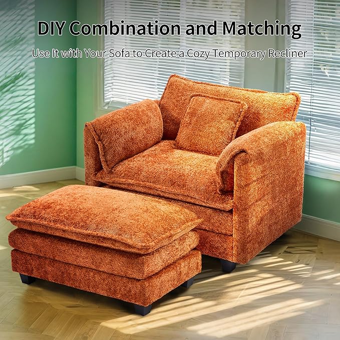 SweetGO corporation 42" Plush Single Sofa Accent Chair with Ottoman for Living Room/Bedroom, Modern Couch for Cozy Lounge Chair for Reading, Orange