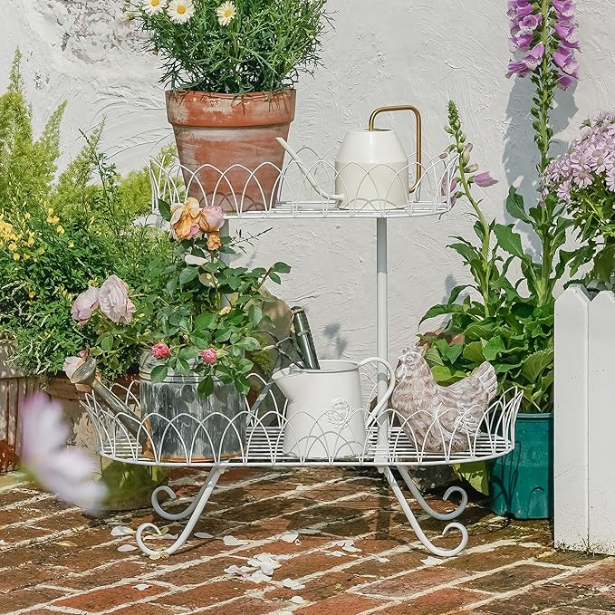 White Oval Plant Stand for Plants, French Provincial Side Table with Floral Accents, Low Indoor Greenery Display Shelf Garden Decor